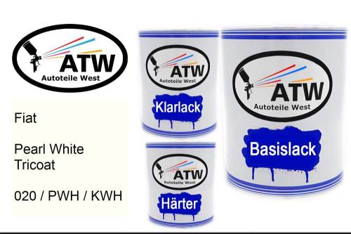 Fiat, Pearl White Tricoat, 020 / PWH / KWH: 1L Lackdose + 1L Klarlack + 500ml Härter - Set, von ATW Autoteile West.